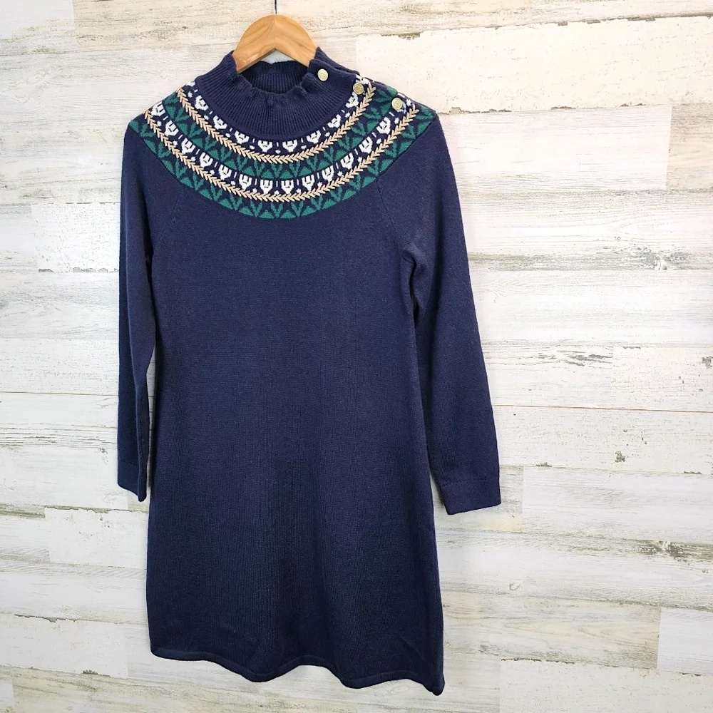 Talbots Petite Fair Isle Sweater Dress Navy Mock Neck Button Detail SP Holiday